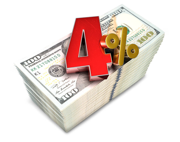 4 por ciento de representación 3d colocado en un billete de dólar sobre un fondo blanco. (con ruta de recorte
). - Foto, imagen