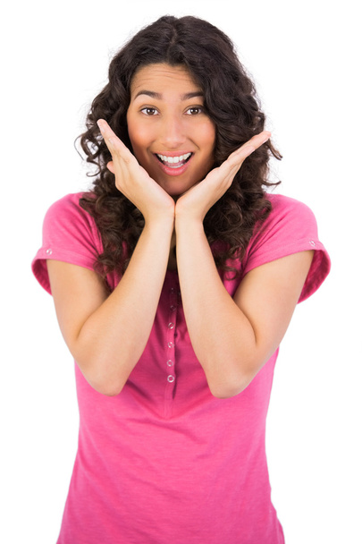 Surprised brown haired woman posing - Photo, Image