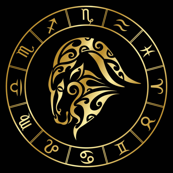 Segno zodiacale costellazioni di capricorno e cerchio in stile maori tatuaggio. Oro su sfondo nero vettoriale illustrazione isolato
. - Vettoriali, immagini