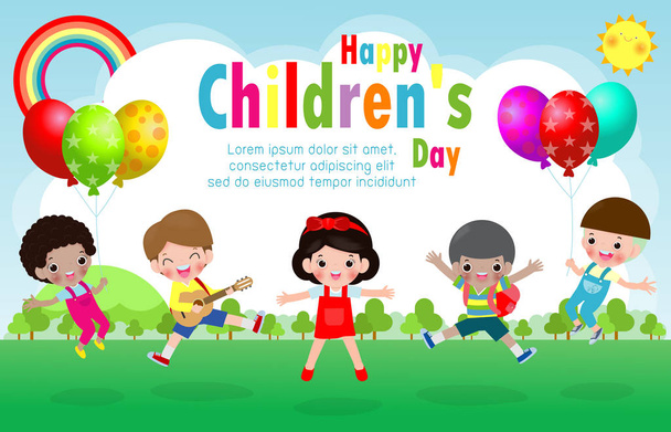 Cartel de fondo del día de los niños felices con ilustración vectorial de niños felices
 - Vector, Imagen