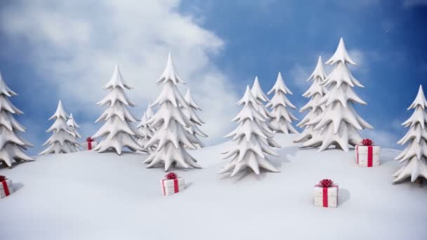 Winterhintergrund, schneebedeckte Kiefern und Weihnachtsgeschenkboxen mit fallendem Schnee - Filmmaterial, Video