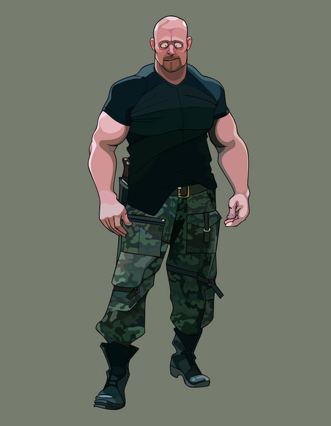 cartoon brutal muscular man in camouflage pants - Vettoriali, immagini