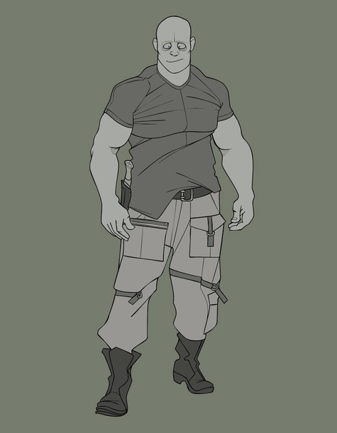 ескіз мультфільму смішний жорстокий м'язистий чоловік у військовому одязі
 - Вектор, зображення