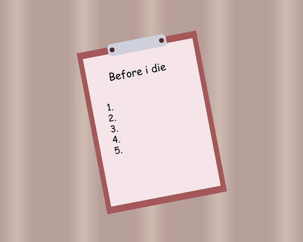 Λίστα στόχων ονομάστηκε πριν πεθάνω. Να κάνω λίστα για τελευταία φορά. Εικονογράφηση διάνυσμα σημειωματάριο για γράφει ένα σχέδιο κίνητρο. Πρόκληση για μελλοντική ζωή με καρκίνο. Κατάθλιψη, καρκίνος, προβλήματα αυτοκτονίας - Διάνυσμα, εικόνα