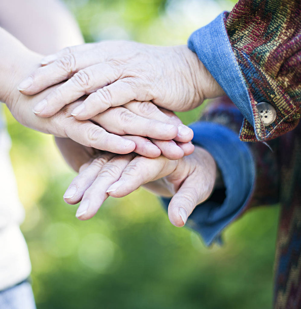 Руки пожилой женщины и маленькой девочки, сложенные вместе
 - Фото, изображение