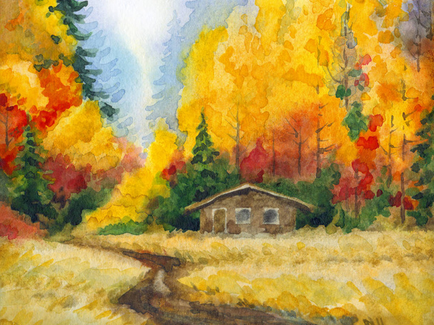 Watercolor landscape. Road to the autumn forest - Photo, Image