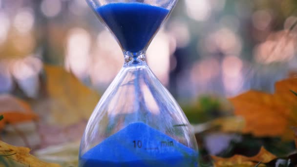 Sand clock with blue sand. Ten minute sand clock on autumn street background. Time concept. Continued progress of existence, events in the past, present, and future. Time is running. Lifestream idea - Footage, Video