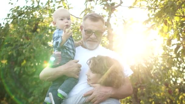 Großvater und seine beiden Enkel bei Sonnenuntergang im Apfelgarten. Urlaub im Dorf - Filmmaterial, Video