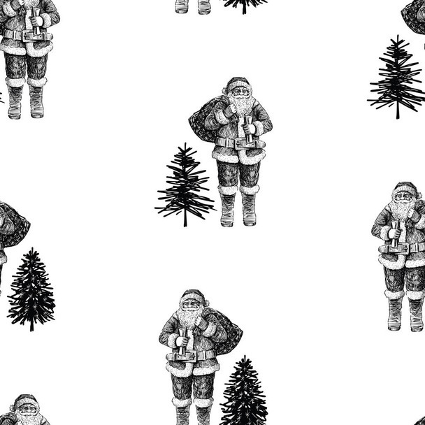Seamless pattern of sketches of Santa Claus with gifts bag and fir tree - Vector, Image