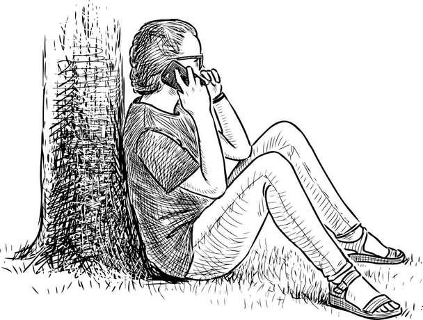 Sketch of student girl sitting on lawn grass under tree and talking on her smartphone - Vector, Image