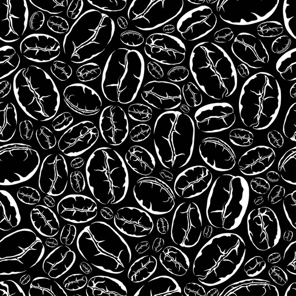 コーヒーのテーマ。黒を基調とした輪郭のコーヒー豆シームレスなパターン - ベクター画像