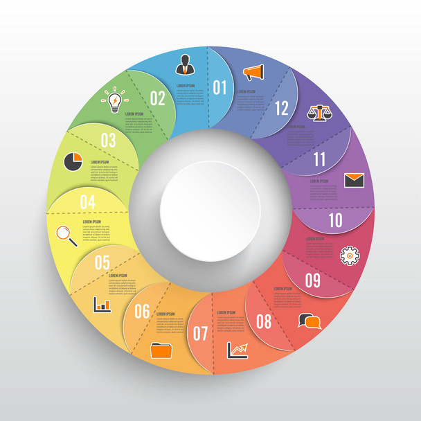 Инфографический шаблон круговой диаграммы с 12 вариантами для презентаций, рекламы, макетов, годовых отчетов - Вектор,изображение