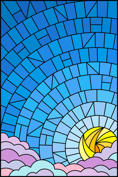 Ilustrace v vitráže stylu slunce a mraky na modré obloze na pozadí - Vektor, obrázek