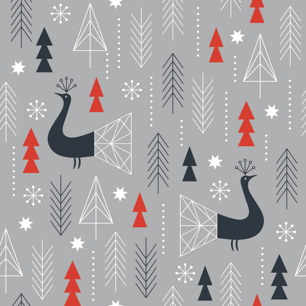 デザイン要素を設定します。傾向幾何学的な形状、様式化された鳥、木、雪片。グリーティングカード、クリスマスまたは新年のカードのデザイン、チラシ、販売、バナー、パンフレットのデザインの適用可能性 - ベクター画像