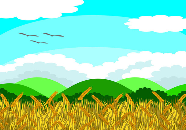 Векторная иллюстрация рисового поля с рисовыми зернами, готовыми к накоплению. За ним деревья и горы. В дневное время небо светло. Это красивая природная картина
 - Вектор,изображение
