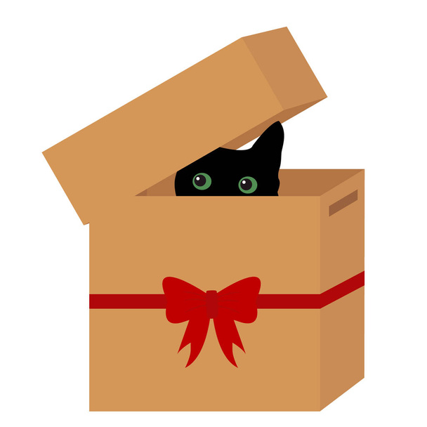 Zwarte kat in een doos met rood lint - Vector, afbeelding