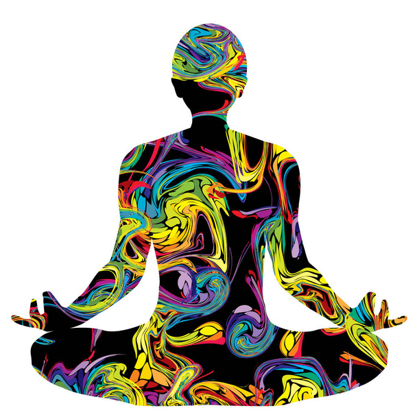 Colorful silhouette of a man in lotus pose - Vector, Image