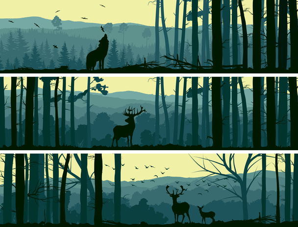 horizontale banners van wilde dieren in heuvels hout. - Vector, afbeelding