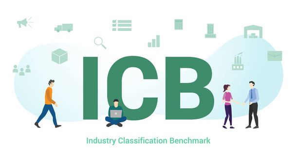 ICBの業界分類ベンチマークの概念は、大きな単語やテキストと現代のフラットスタイルを持つチームの人々 -ベクトル - ベクター画像