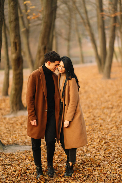 Stylish young couple outdoors on a beautiful autumn day in the forest. Young couple in love holding hands and walking through a park on a autumn day. The concept of youth, love and lifestyle. - Φωτογραφία, εικόνα