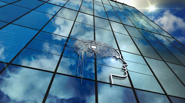 Символ ШІ скляний хмарочос з дзеркальним небом
 - Фото, зображення