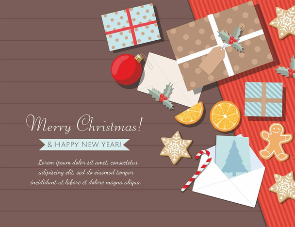 Újévi és karácsonyi háttér ajándékokkal, sütikkel, üdvözlőkártyákkal és karácsonyi bálokkal.  - Vektor, kép