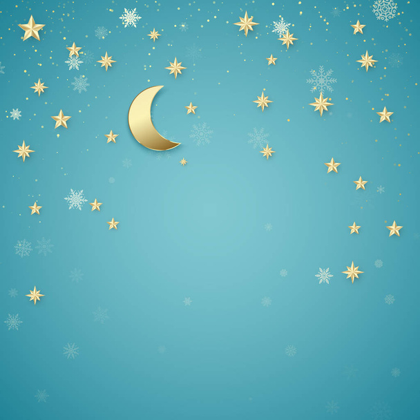 Fondo de Navidad noche. Estrellas doradas y copos de nieve sobre fondo azul. Elemento de diseño de vacaciones. Vector
 - Vector, imagen