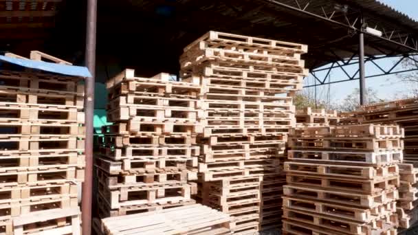 Αποθήκη με στοιβαγμένες ξύλινες παλέτες έτοιμες για διανομή - Πλάνα, βίντεο