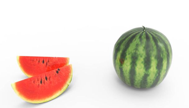 Taze Karpuz ve İki Dilimlenmiş Yakın Çekim Yaz - Tatil - İzole edilmiş beyaz arka planda Meyve ve Sebzeler - 3D - Fotoğraf, Görsel