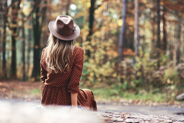Vista trasera de la mujer glamour en los bosques de otoño
  - Foto, Imagen