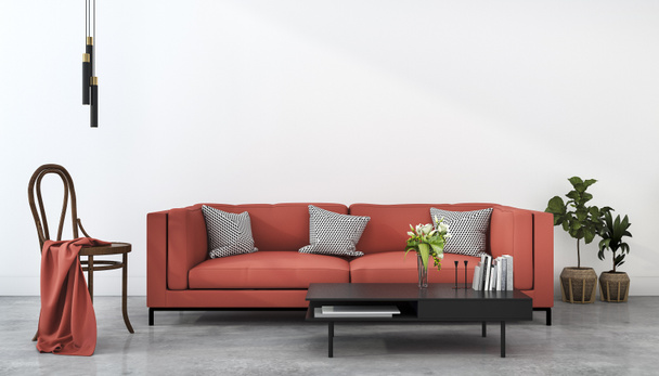 3Dレンダリングmockアップscandinavianホワイトウォールとピンクのソファでリビングルームに木製の椅子 - 写真・画像
