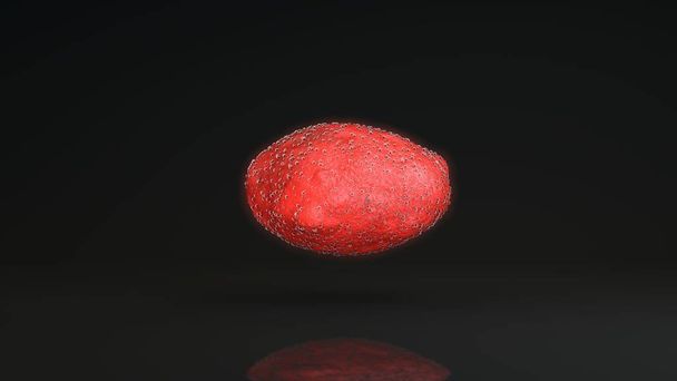 Representación 3D de una nube de muchas gotas de líquido rojo, glóbulos rojos. las gotas están cubiertas con puntos negros de virus. La idea de la salud y la medicina
. - Foto, Imagen
