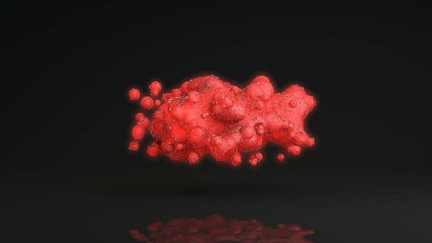 3d renderowanie chmury wielu kropli czerwonego płynu, krwinek. krople są pokryte czarnymi kropkami wirusów. Idea zdrowia i medycyny. - Zdjęcie, obraz