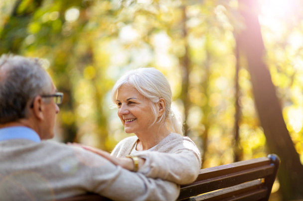 feliz pareja de ancianos en el parque de otoño - Foto, Imagen