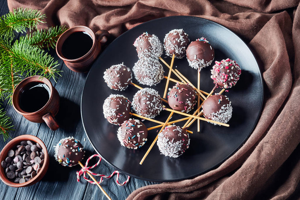 cake pops on a plate with fir limbs on a table - Фото, изображение