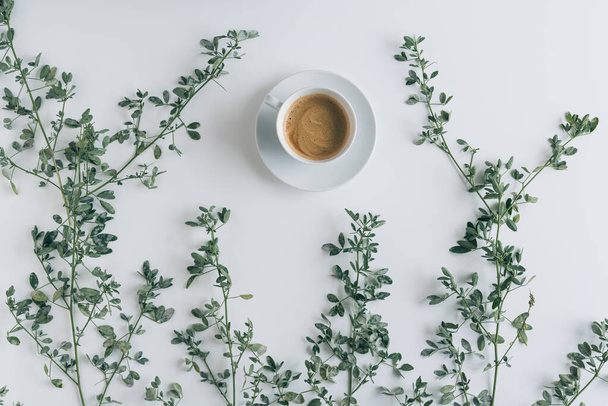 cup of coffee in branches with green leaves on a white table. Cofee art. Flat lay, top view. - Photo, image