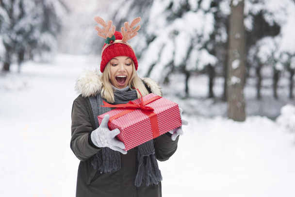 Excited woman with big Christmas present  - Zdjęcie, obraz
