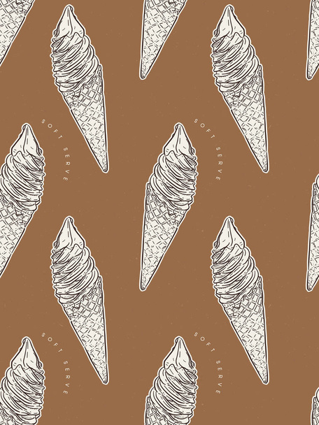 Soft serve ice-cream cone, seamless pattern background. Hand dra - ベクター画像