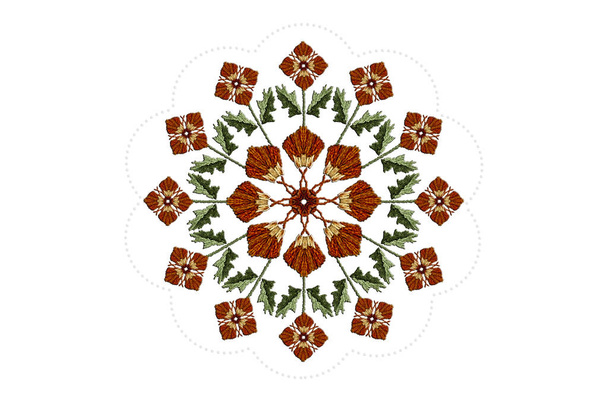 Frame of beads with wreath and embroidered orange flowers with stems and leaves on white background - Photo, image