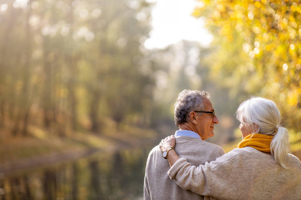 ευτυχισμένο ζευγάρι ηλικιωμένων στο πάρκο του φθινοπώρου - Φωτογραφία, εικόνα