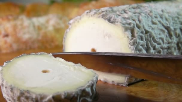 Knife cuts a thick slice of goat cheese with straw - Materiał filmowy, wideo