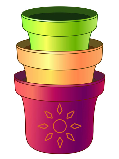 Flower pots and flower pots placed one into another, placed on top of each other. Multi-colored flower pots or seedlings of pink, yellow and green colors - vector element. - Vetor, Imagem