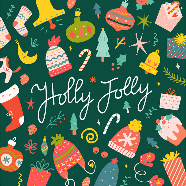 Návrh vánočních přání s ručně kresleným vektorovým klipem. Holly Jolly písmo, ručně psaná fráze obklopen roztomilé kreslené čmáranice - Vektor, obrázek