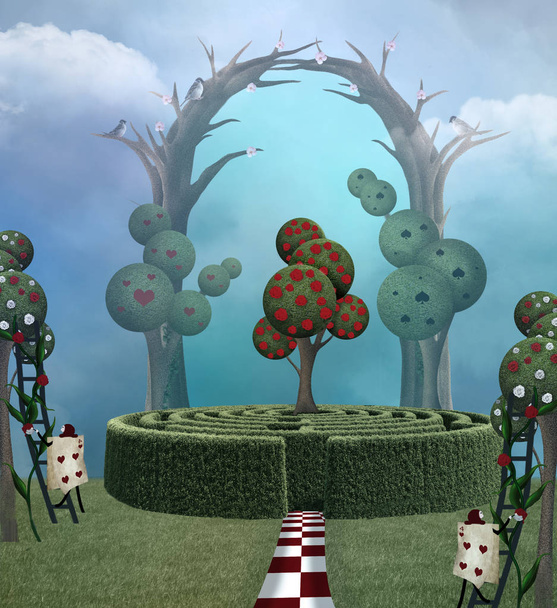 Magiczne drzewa w surrealistycznym krajobrazie inspirowanym bajką Alicja w Krainie Czarów - Zdjęcie, obraz