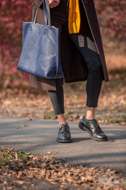 modische Herbst-Frau im trendigen Herbst-Outfit beim Spaziergang im Herbst-Park - Foto, Bild