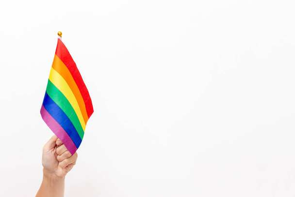 A hand holding an lgbt rainbow flag as a symbol of tolerance and protection of gay rights, white background, copy space - Foto, Imagem