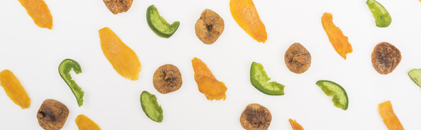 top view of assorted dried fruits and candied fruit isolated on white, panoramic shot - 写真・画像