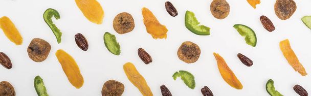 top view of assorted dried fruits and candied fruit isolated on white, panoramic shot - Zdjęcie, obraz