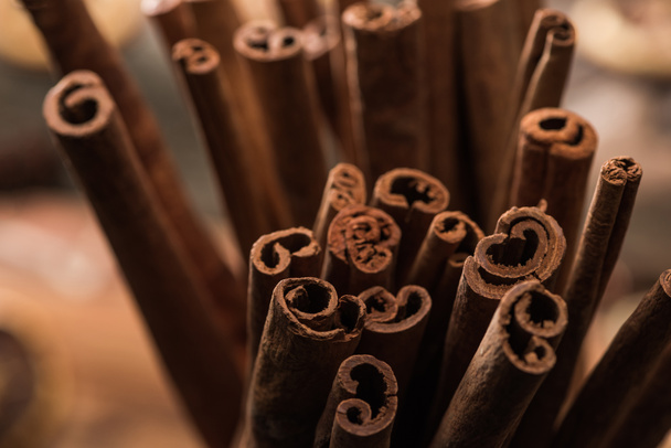 close up view of aromatic fresh cinnamon sticks  - 写真・画像