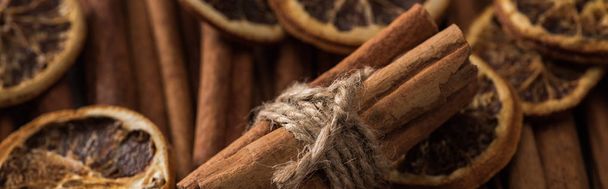 close up view of dried orange slices and cinnamon bunch, panoramic shot - Photo, Image